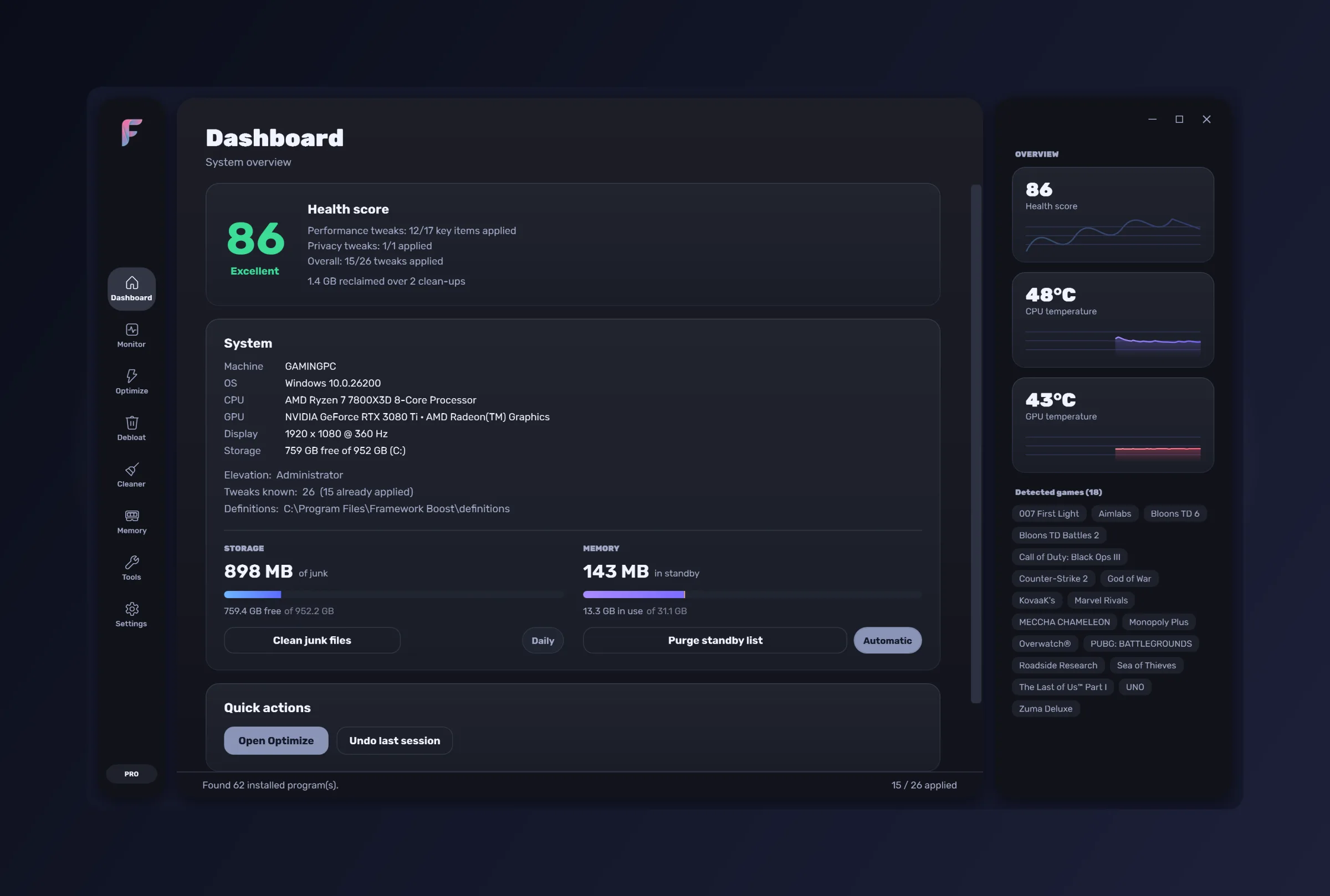 The FrameWork Boost dashboard — a health score, a system summary, storage and memory at a glance